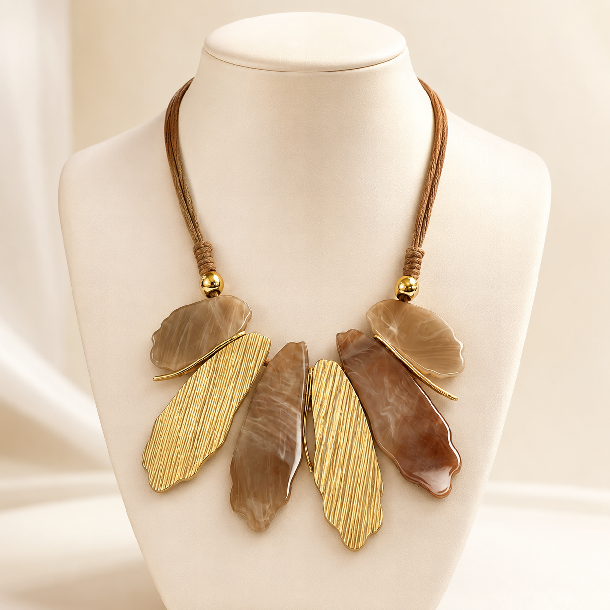 Abstract Natural Leaf Wood and Acrylic Necklace