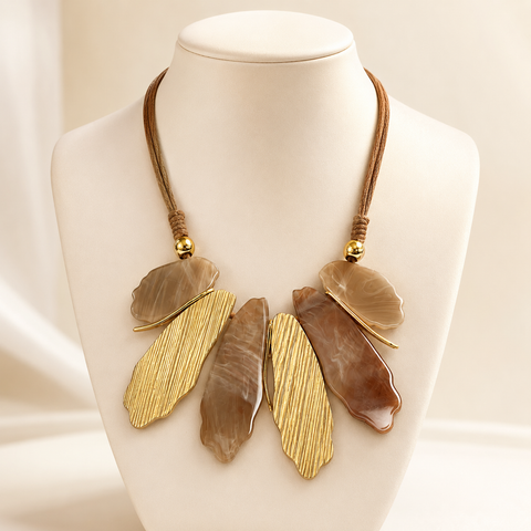 Abstract Natural Leaf Wood and Acrylic Necklace