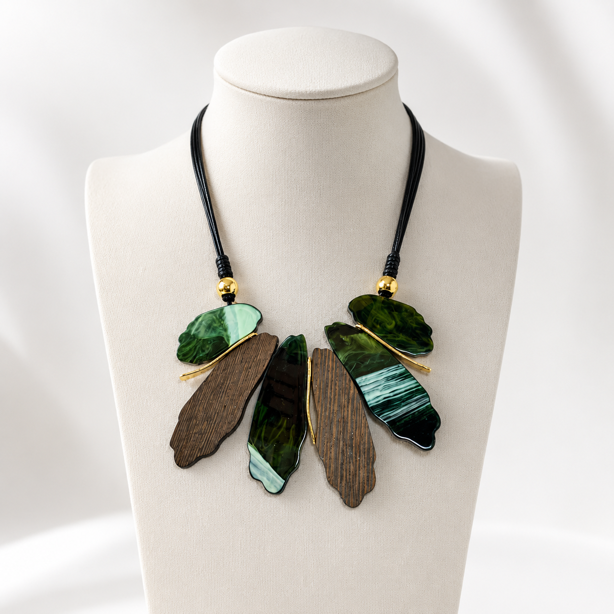 Abstract Olive Leaf Wood and Acrylic Necklace