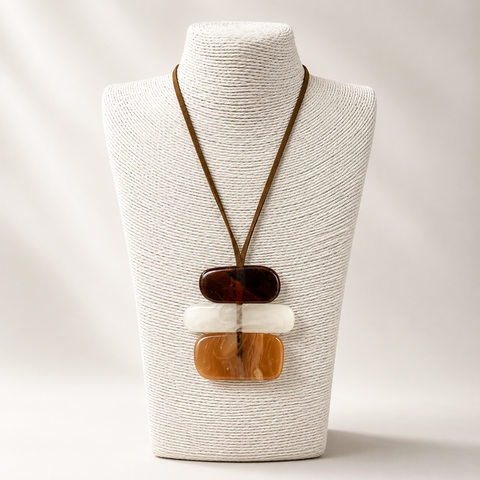 Acrylic Brown and White Pendant Brown Cord Necklace