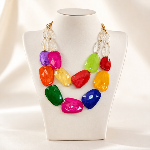 Multi Color Acrylic Double Strand Short Necklace