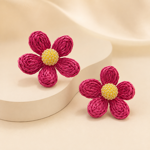 Arete  Flor Rattan  Rosa
