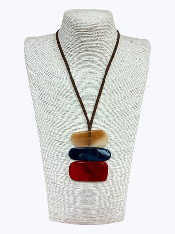 Acrylic Blue Red Pendant Brown Cord Necklace