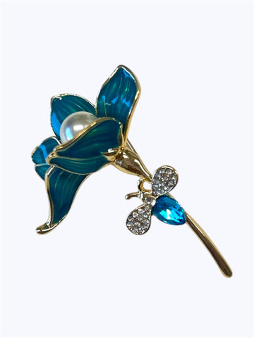 Blue Enamel  Brooch with Floral Accents and Pearl Details