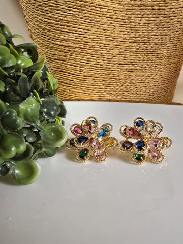 044-Aretes de Flor Colores en Base Dorada