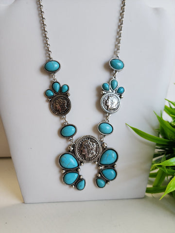 #627-Collar Monedas  Turquesa