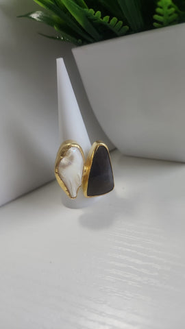 Anillo  Dis Piedras  Perla y Cuarzo
