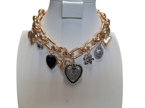 Collar corazones negros plata